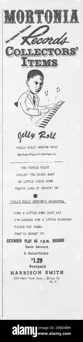 Un annuncio di una rivista di musica dei primi anni '1960 che vende jazz greta Jelly Roll Morton registrazioni degli anni '1920 Sponsorizzato da una piccola compagnia chiamata Harrison Smith fuori Brooklyn, New York. Foto Stock