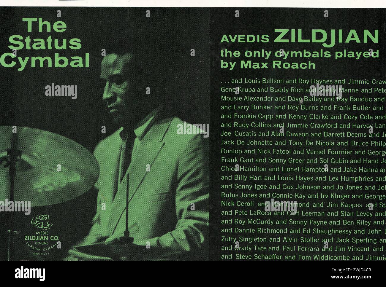 Un annuncio di una rivista musicale dei primi anni '1970 per i creatori di piatti Avis Zildjian con la leggenda della batteria jazz, Max Roach. Foto Stock