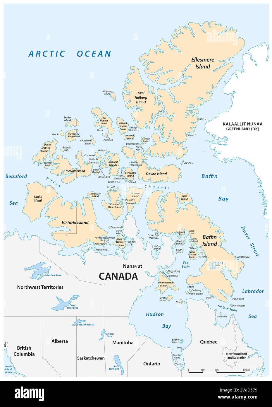 Mappa vettoriale dettagliata dell'arcipelago artico canadese Foto Stock