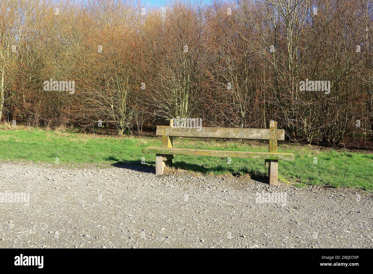 Un'antica panchina di parco in legno nella campagna del Kent settentrionale Foto Stock