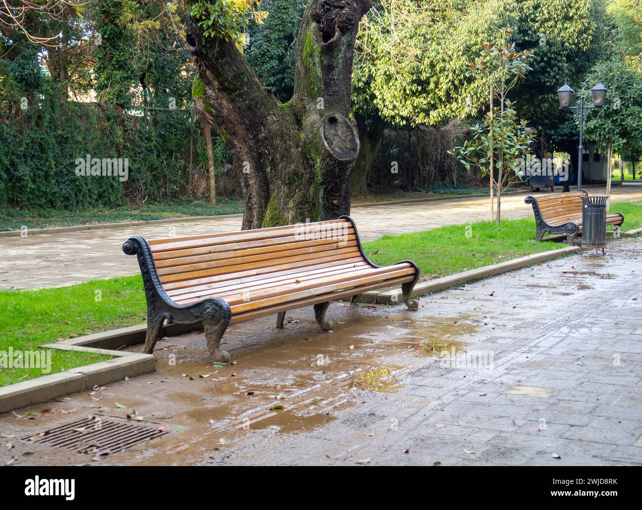 Uno scarico piene d'acqua in un parco. Scarico tempesta intasato. Infrastruttura non funzionante. Incidente di servizio. Dopo la pioggia Foto Stock