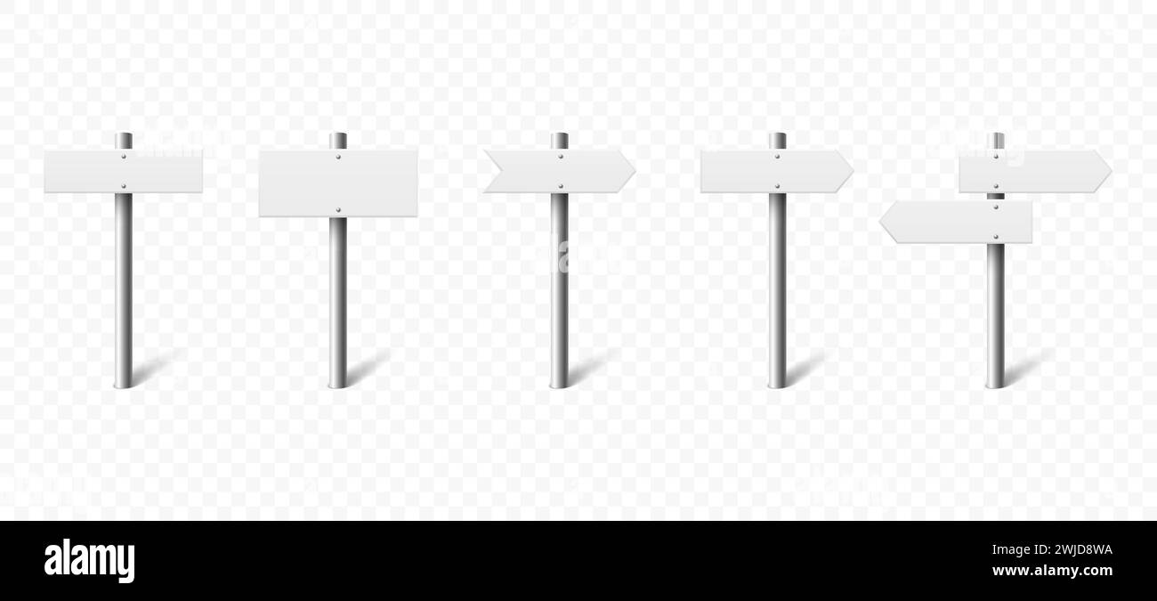 Set di colonne per segnali in legno Vector 3D. Cartello bianco realistico su strada, puntatore in compensato, legno, texture in legno. Segnaletica per la direzione di puntamento, isolata Illustrazione Vettoriale