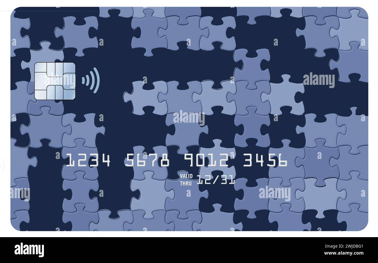 Una carta di credito che sembra un puzzle è visibile in un'illustrazione in 3D. Foto Stock