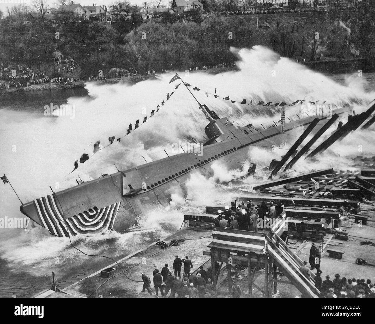 Lancio della USS ROBALO il 9 maggio 1943 presso la Manitowoc Shipbuilding Company, Manitowoc, Wisconsin Foto Stock