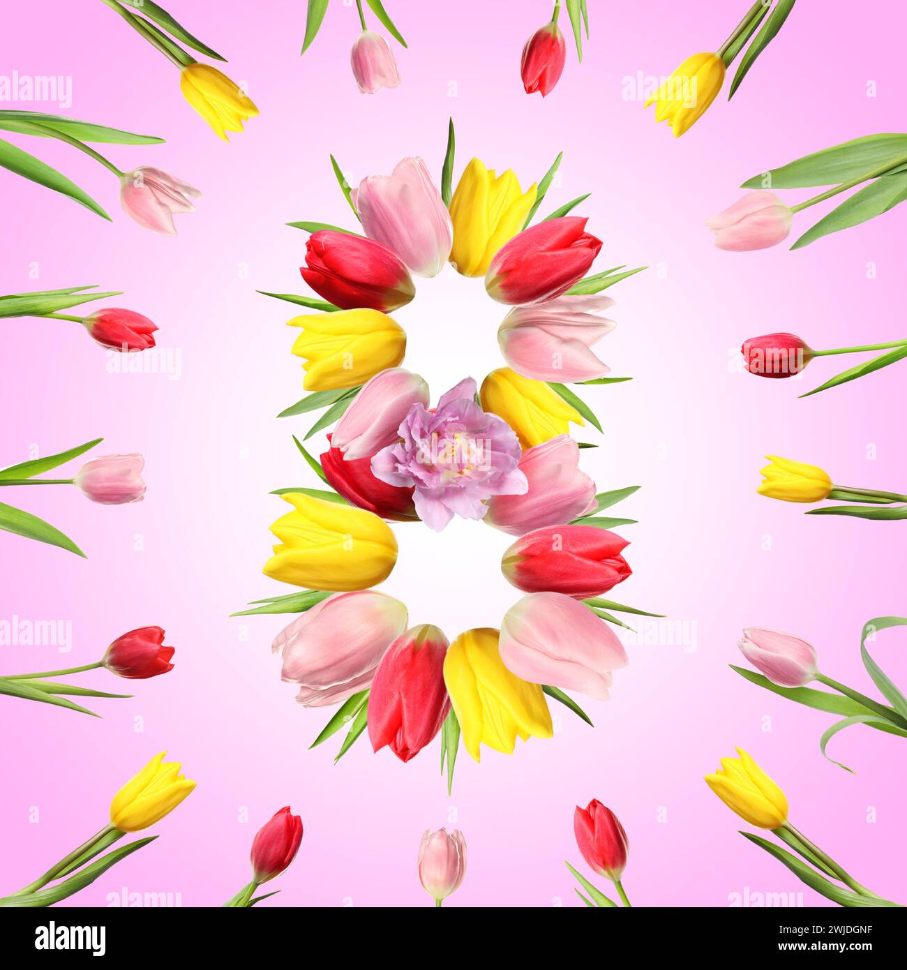 Giornata internazionale della donna - 8 marzo. Disegno della carta con il numero 8 di fiori luminosi su sfondo rosa Foto Stock