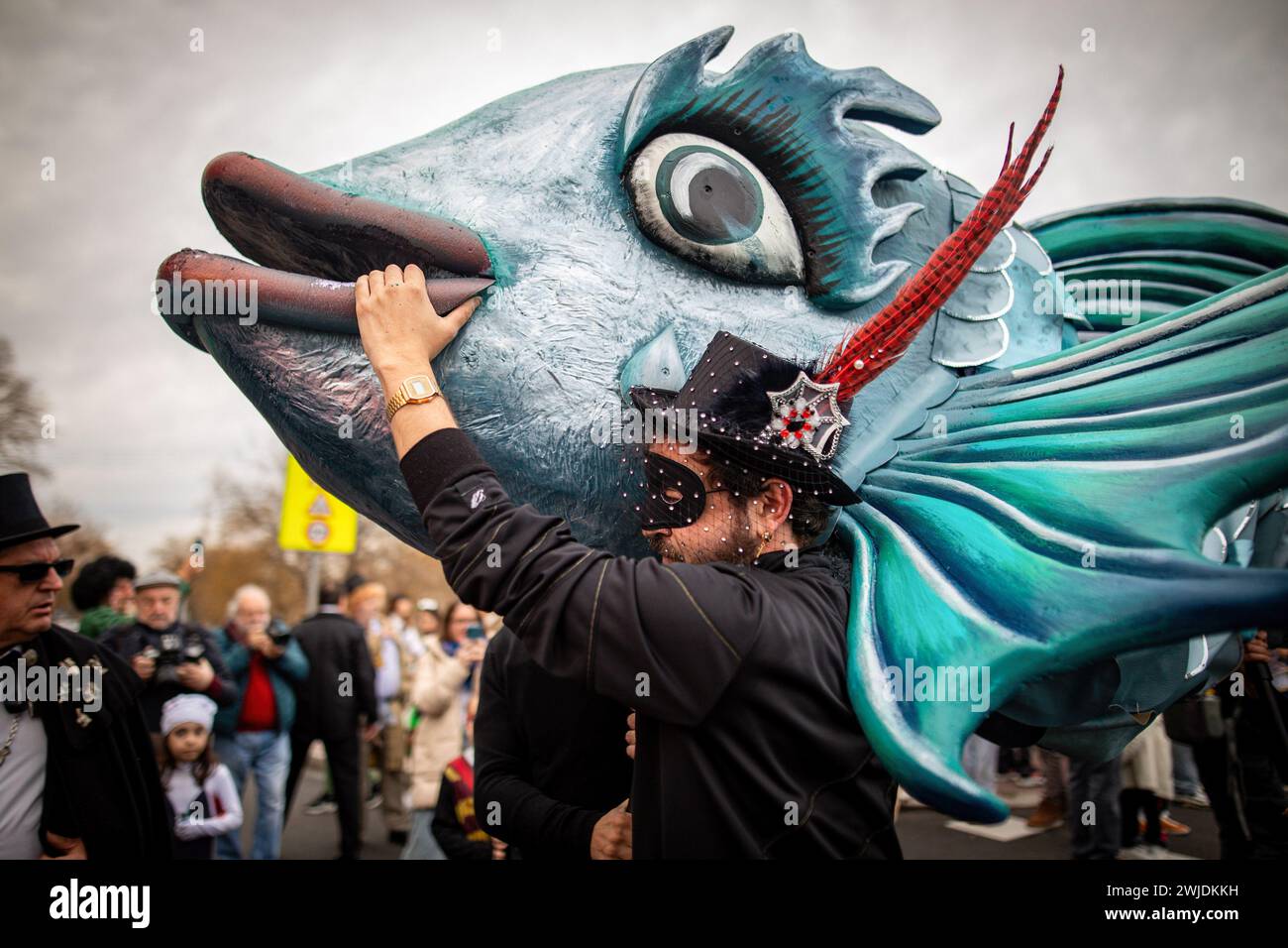 Madrid, Spagna. 14 febbraio 2024. Un uomo porta una sardina gigante come supporto durante la celebrazione della sepoltura della parata Sardine che ha girato le strade di Madrid. Questo 14 febbraio, mercoledì delle ceneri, ha segnato la fine del Carnevale con la tradizionale sepoltura della sardina. A Madrid, come è tradizione ogni anno, è in carica la "Gioiosa Confraternita della sepoltura della sarda”. (Foto di David Canales/SOPA Images/Sipa USA) credito: SIPA USA/Alamy Live News Foto Stock
