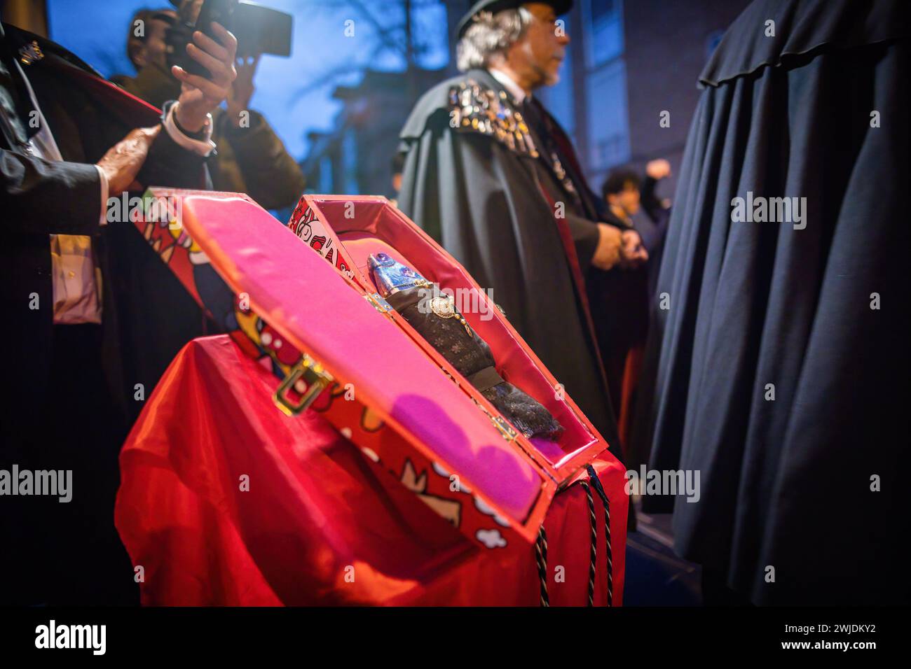 Madrid, Spagna. 14 febbraio 2024. La sardina all'interno della sua bara prima della sepoltura durante la celebrazione della sepoltura della parata Sardine che girava per le strade di Madrid. Questo 14 febbraio, mercoledì delle ceneri, ha segnato la fine del Carnevale con la tradizionale sepoltura della sardina. A Madrid, come è tradizione ogni anno, è in carica la "Gioiosa Confraternita della sepoltura della sarda”. Credito: SOPA Images Limited/Alamy Live News Foto Stock