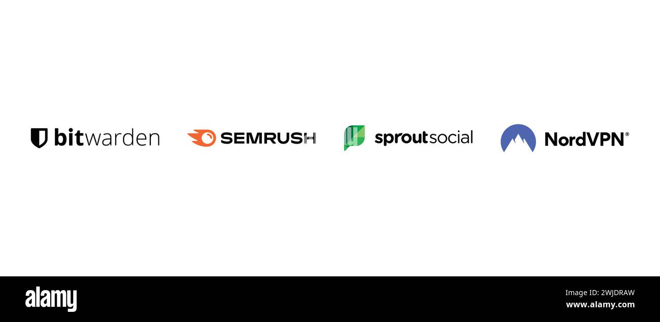Semrush, NordVPN, Bitwarden, Sprout Social. Illustrazione vettoriale, logo editoriale. Illustrazione Vettoriale
