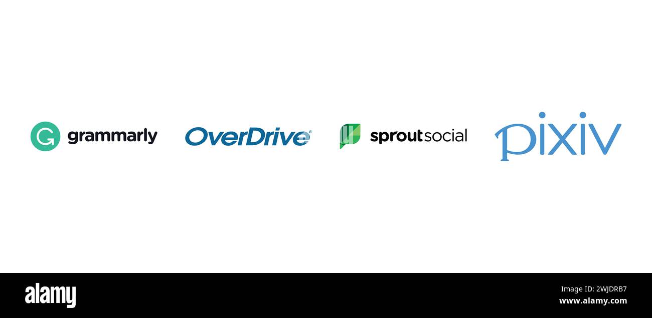 Grammarly, Pixiv, Overdrive, Sprout Social. Illustrazione vettoriale, logo editoriale. Illustrazione Vettoriale