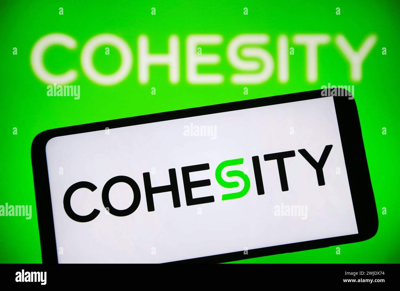 Ucraina. 14 febbraio 2024. In questa immagine, il logo Cohesity è visibile sullo schermo di uno smartphone. Credito: SOPA Images Limited/Alamy Live News Foto Stock