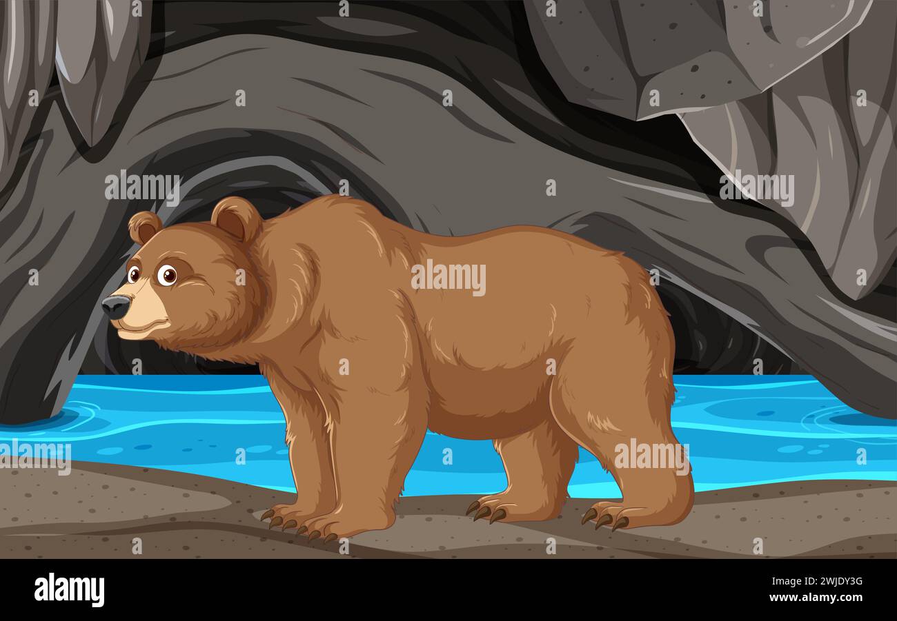 Orso bruno in piedi vicino a un ruscello d'acqua e una grotta Illustrazione Vettoriale