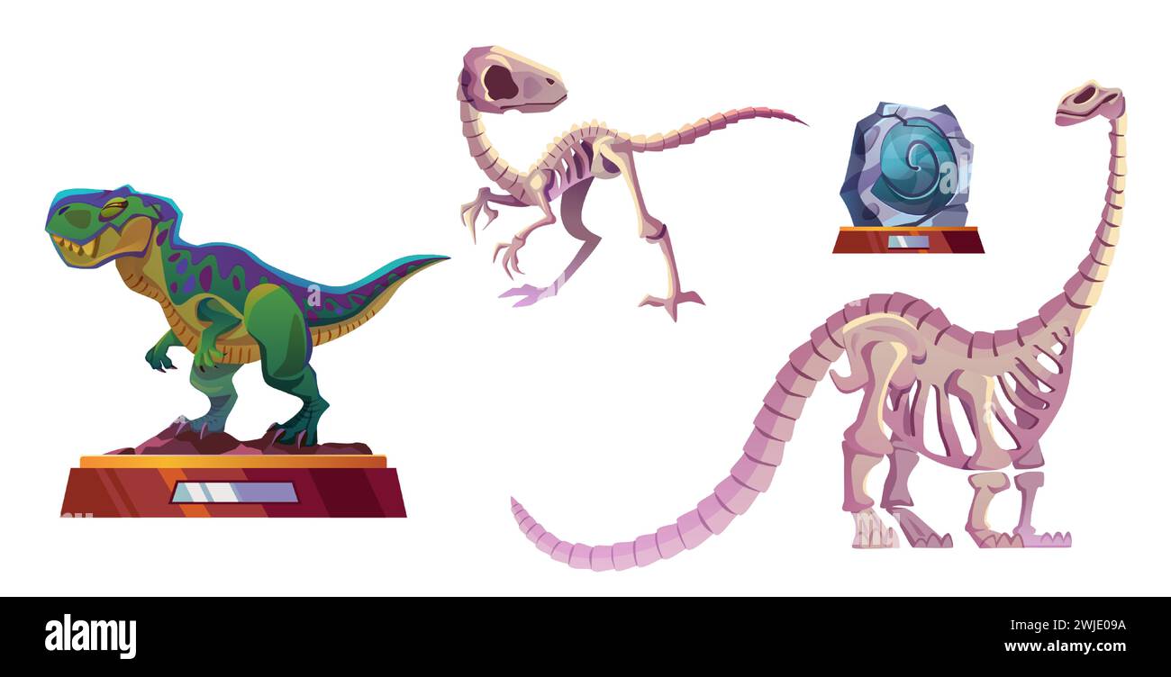 Mostre del museo archeologico: Scheletri di dinosauro, animali ricreati e pietra con impronta. Collezione di illustrazioni vettoriali cartoon di manufatti dino della preistoria giurassica paleontologica. Illustrazione Vettoriale