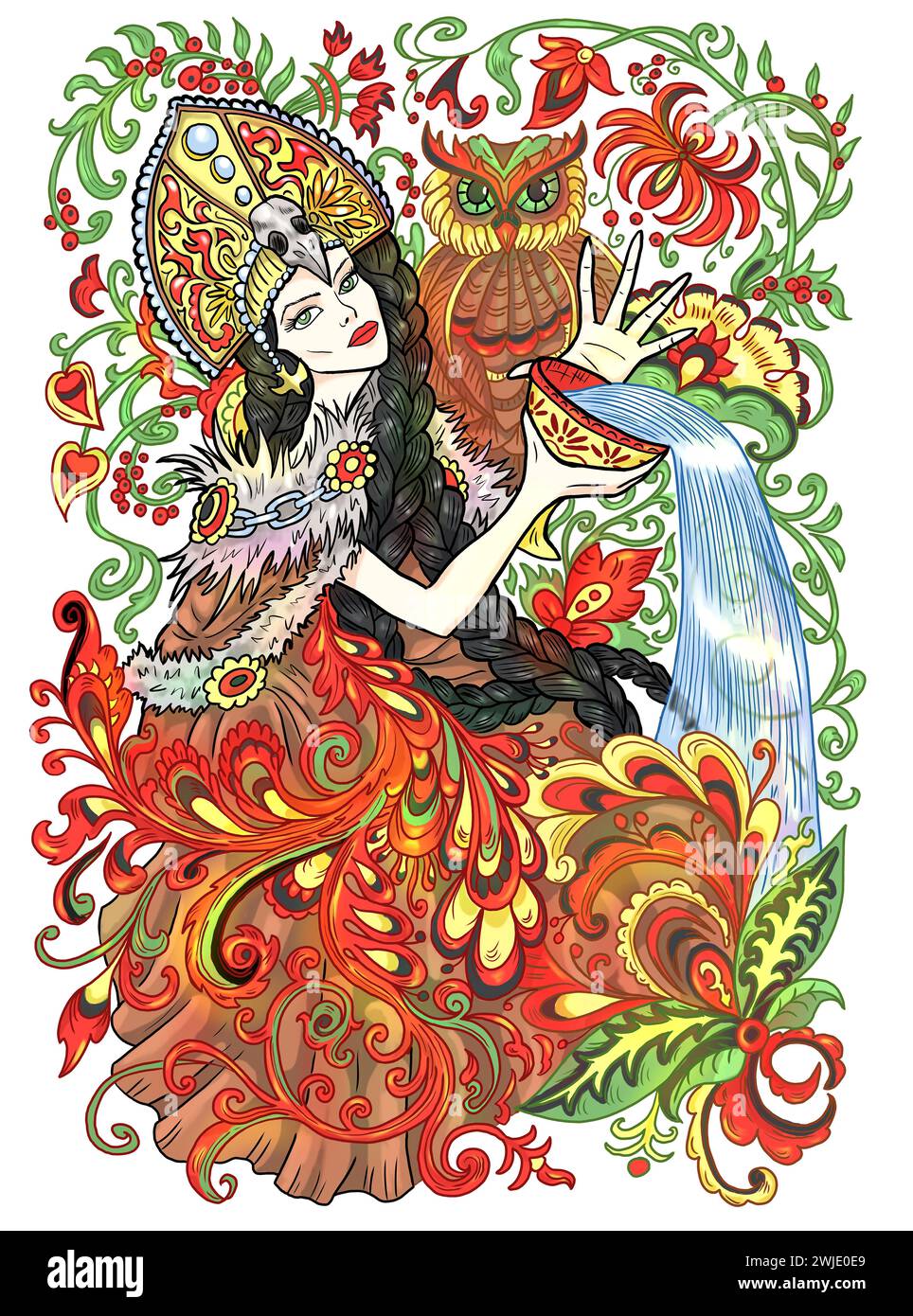 Illustrazione fantasia incisa con bella donna come strega o maga isolata su sfondo bianco. Grafica colorata disegnata a mano con conc. Etnico Foto Stock