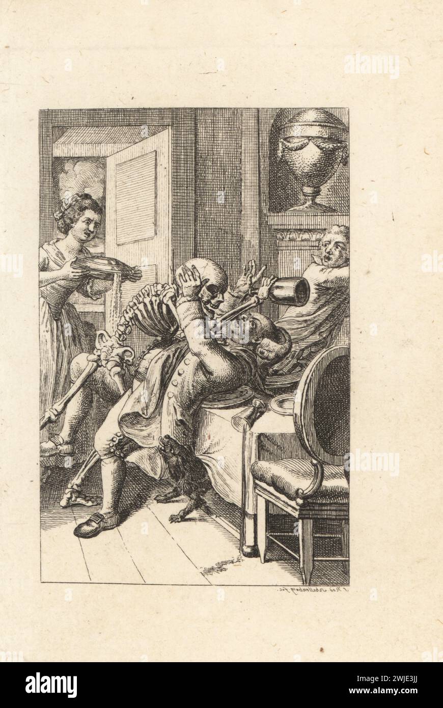 Lo scheletro della morte versa il vino nella bocca di un gutton obeso, XVIII secolo. Una cameriera porta un tureen di zuppa al tavolo da pranzo mentre un altro ospite fugge. Firma con scritta a specchio. Il Glutton. Der Schlemmer. Incisione su lastra di rame disegnata e incisa da Johann Rudolf Schellenberg di Freund Heins Erscheinungen di Johan Karl Musaus in Holbeins Manier, (apparizioni di morte nella maniera di Holbein), Heinrich Steiner, Winterthur, 1785. Foto Stock