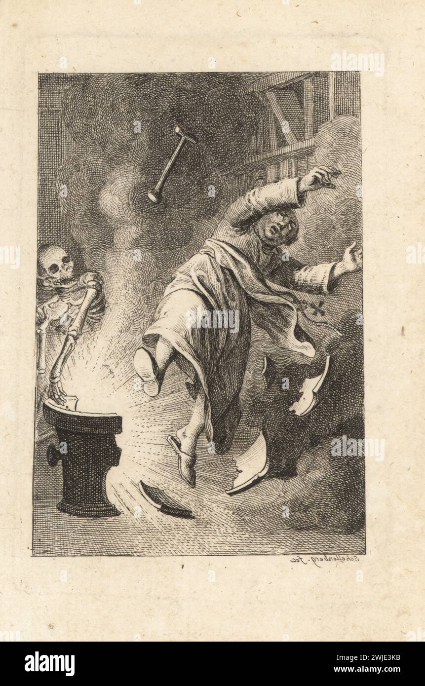 Lo scheletro della morte uccide un alchimista con un'esplosione. L'alchimista e' esploso nel suo laboratorio. Berthold Schwarz, leggendario alchimista tedesco della fine del XIV secolo accreditato dell'invenzione della polvere da sparo. Firma con scritta a specchio. Incisione su lastra di rame disegnata e incisa da Johann Rudolf Schellenberg di Freund Heins Erscheinungen di Johan Karl Musaus in Holbeins Manier, (apparizioni di morte nella maniera di Holbein), Heinrich Steiner, Winterthur, 1785. Foto Stock