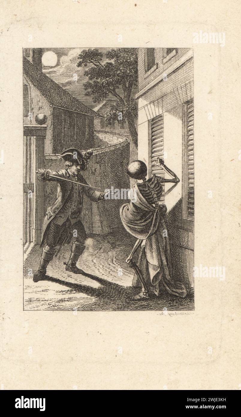 Lo scheletro della morte combatte un duello con un gentiluomo in una strada in città, XVIII secolo. Il gentiluomo spinge con la sua spada al chiaro di luna. Morte armata solo con un mantello. Der Zweikampf. Firma con scritta a specchio. Incisione su lastra di rame disegnata e incisa da Johann Rudolf Schellenberg di Freund Heins Erscheinungen di Johan Karl Musaus in Holbeins Manier, (apparizioni di morte nella maniera di Holbein), Heinrich Steiner, Winterthur, 1785. Foto Stock