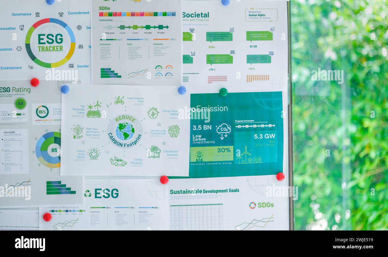 ESG ( ambiente, social, governance) ricicla cartellonistica sullo schermo del laptop con una lavagna in ufficio priva di carbonio Foto Stock
