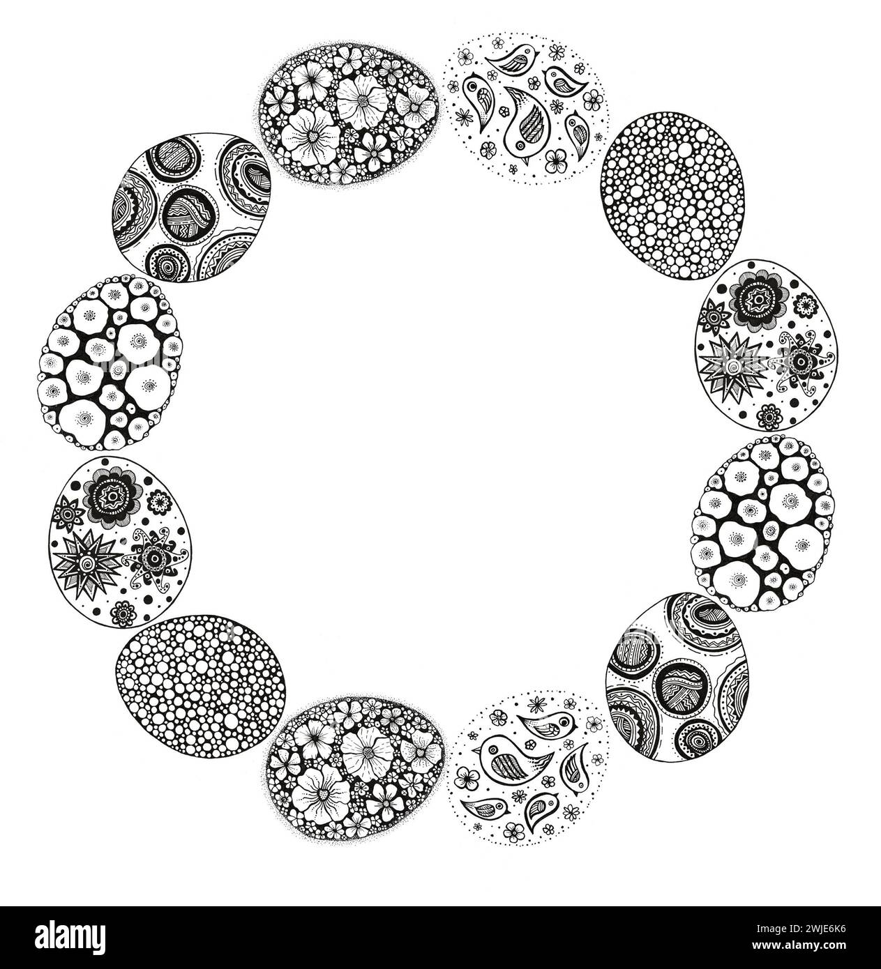 Telaio rotondo di uova di Pasqua. Le uova sono ripiene di vari ornamenti. Fiori, uccelli, elementi geometrici, stelle, cerchi, punti. Doodle. Disegno con Foto Stock