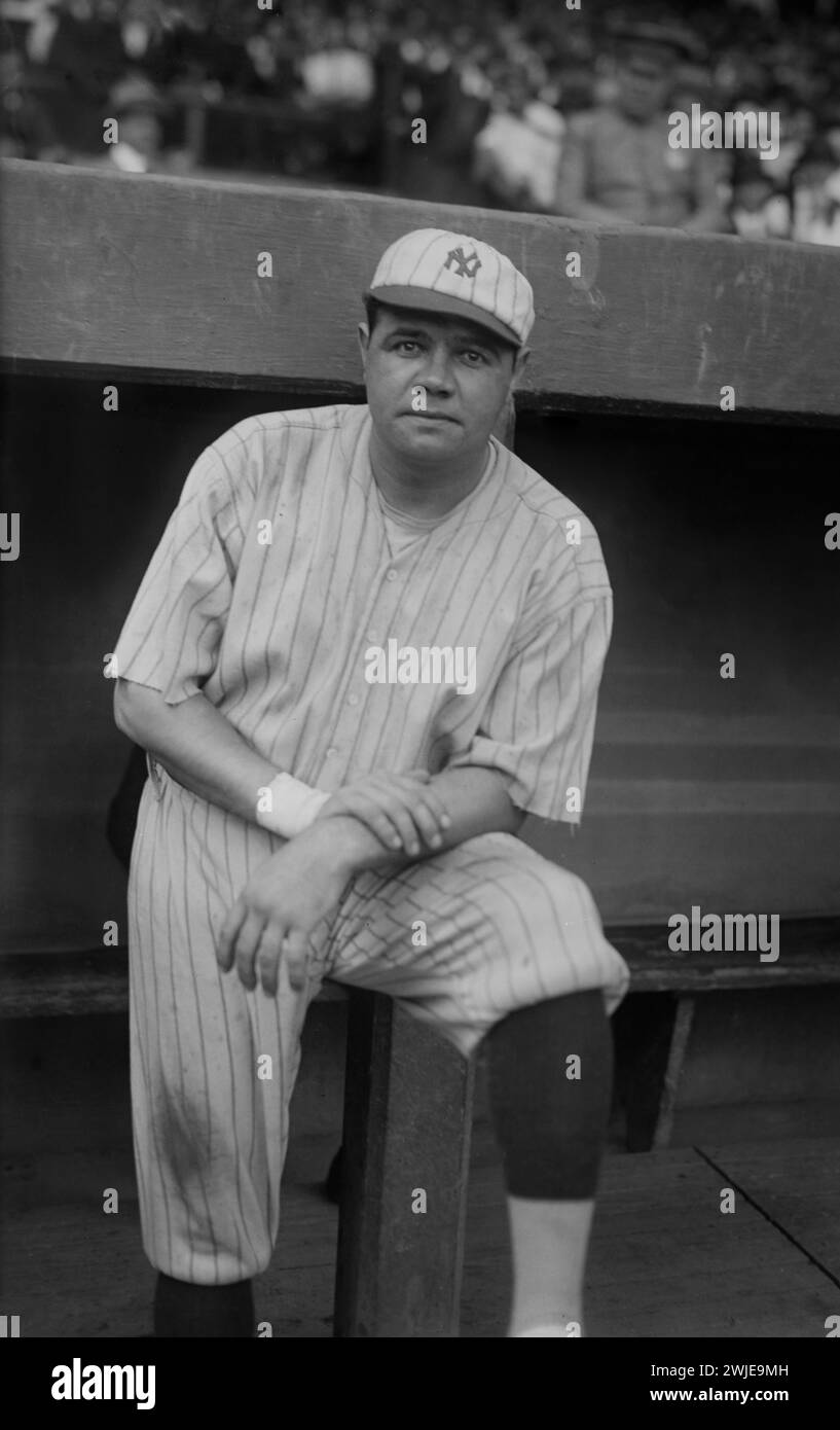 Il giocatore di baseball Babe Ruth indossa l'uniforme dei New York Yankees, 1921 anni, foto di Bain News Service Foto Stock