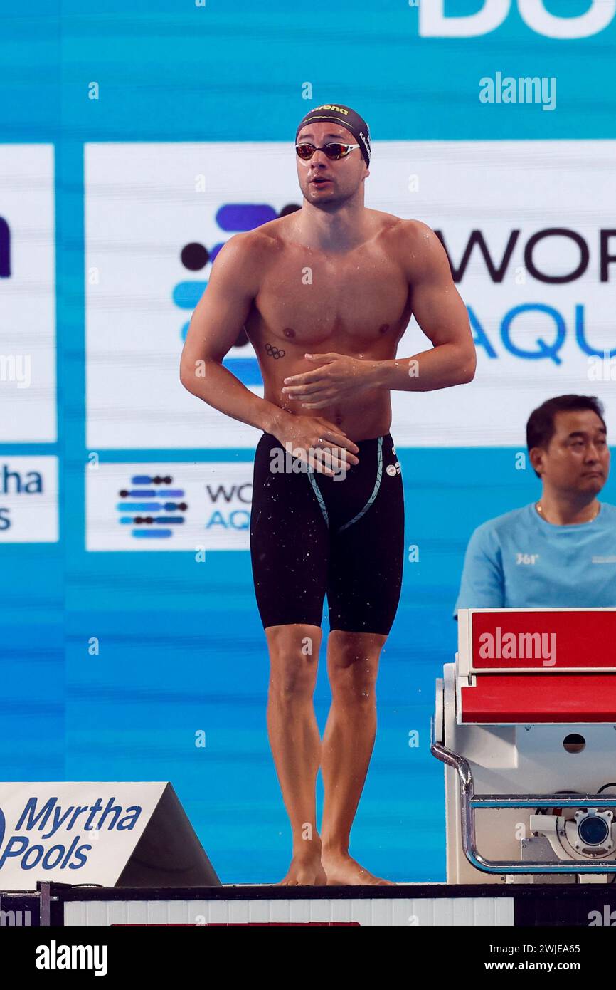 Doha, Qatar. 15 febbraio 2024. DOHA, QATAR - 15 FEBBRAIO: Arno Kamminga dei Paesi Bassi gareggia nelle Heats maschili 200m Breaststroke il 14° giorno: Nuoto dei Campionati mondiali di acqua di Doha 2024 il 15 febbraio 2024 a Doha, Qatar. (Foto di MTB-Photo/BSR Agency) credito: BSR Agency/Alamy Live News Foto Stock