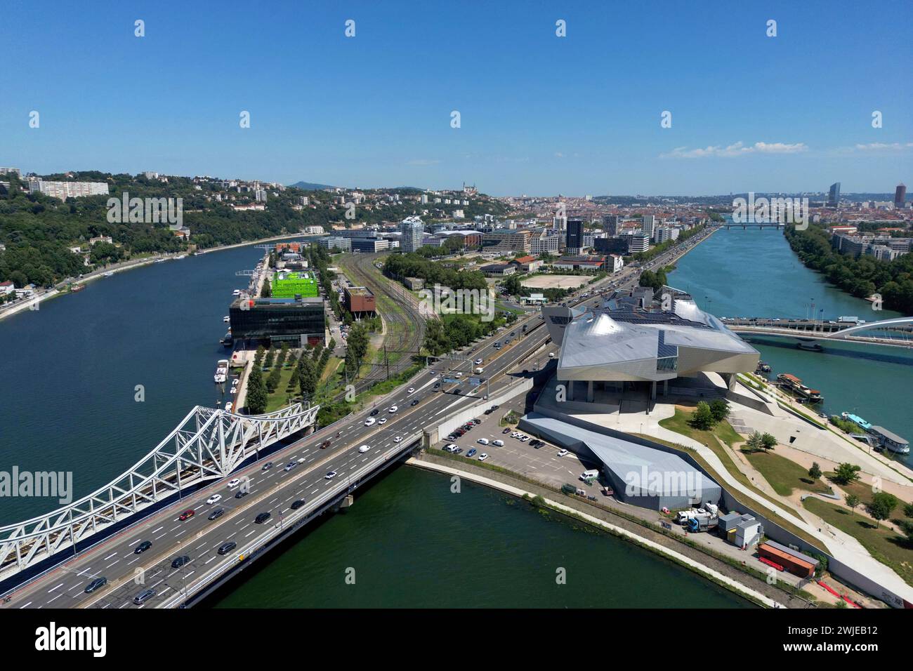 Lione (Francia centro-orientale), 2° arrondissement (distretto): Veduta aerea del distretto di Confluence all'ingresso sud della città. Nella f Foto Stock