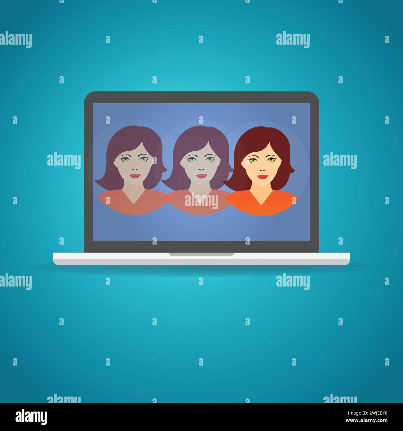 Capo di una donna moltiplicato sullo schermo di un notebook, concetto deepfake come simbolo di travisamento o furto di identità Illustrazione Vettoriale