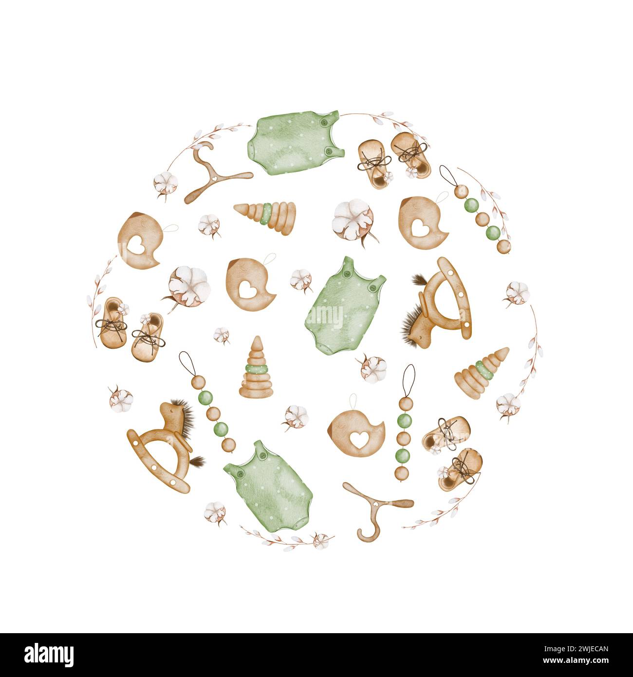 Giocattoli retrò in legno per bambini, disegno ad acquerello su sfondo bianco. Clip art di giocattoli e accessori per bambini in stile vintage. Modello pronto Foto Stock