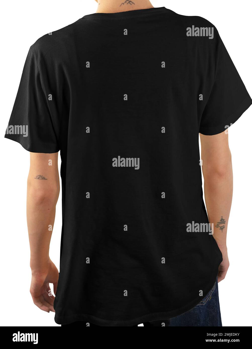 Donna che indossa una maglietta nera, sfondo bianco. Mockup, Blank, pronto per il design. Foto Stock