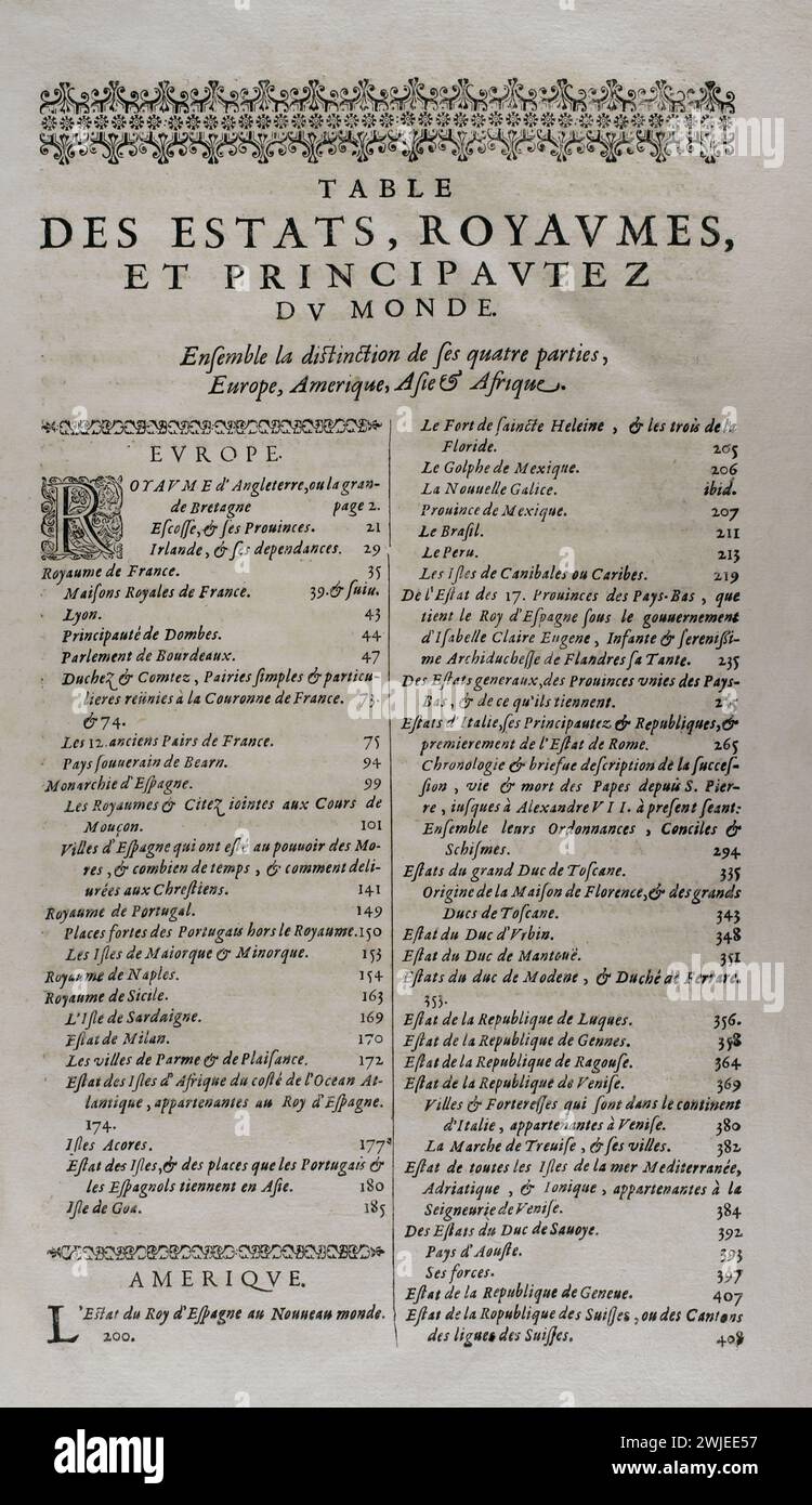 Les Estats, Empires, Royaumes et Principautez du Monde (gli Stati, gli imperi, i regni e i Principati del mondo), di D. T. V. Y. (Pierre d'Avity, 1573-1635). Tabella che distingue le quattro parti: Europa, America, Asia e Africa. Edizione stampata a Ginevra da Samuel Chouët, 1665. Foto Stock