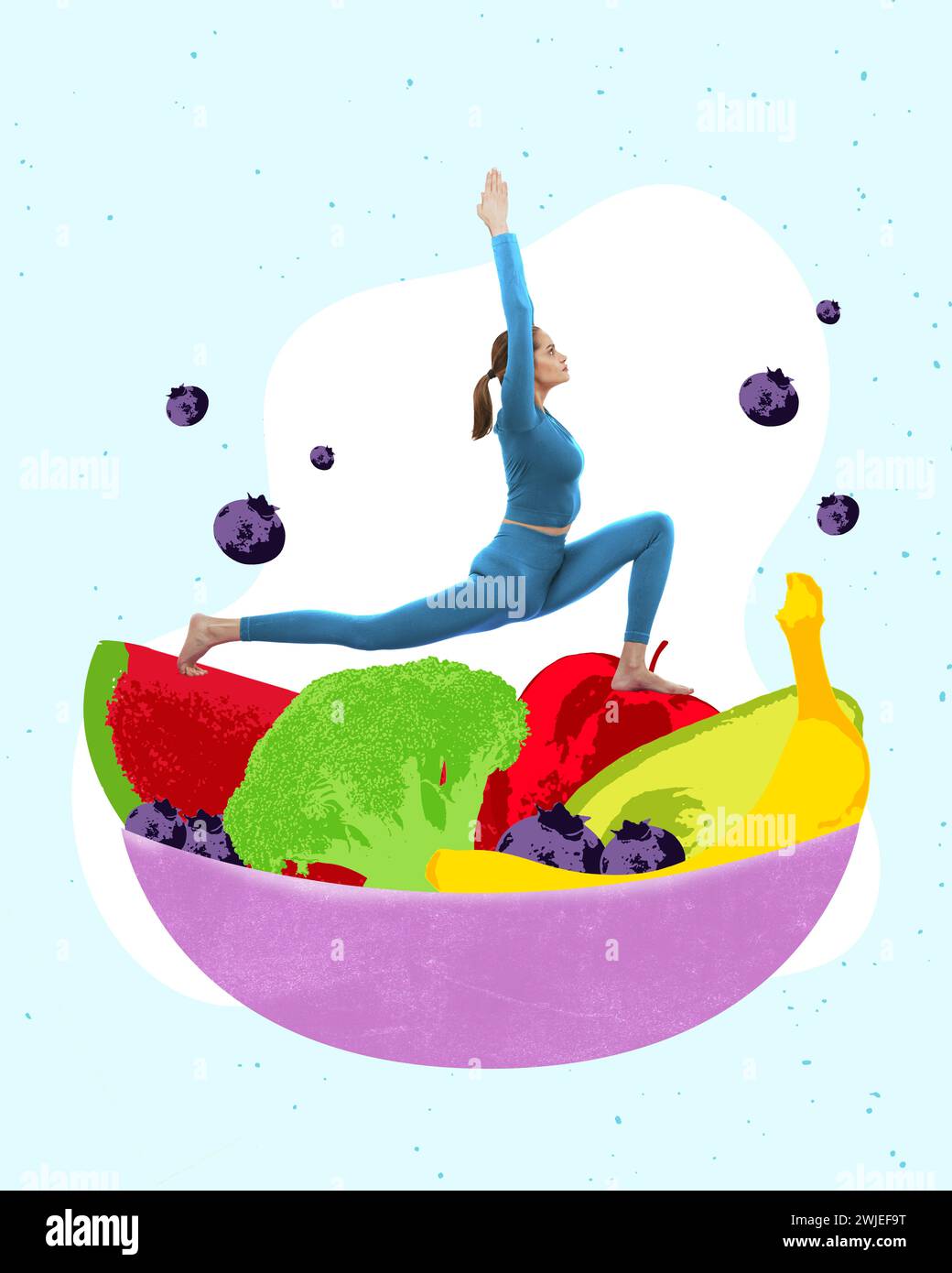 Arte estetica moderna. In forma, la donna atletica si mette in posa yoga su un'enorme ciotola con frutta e verdura. Stile di vita sano e dieta equilibrata. Foto Stock