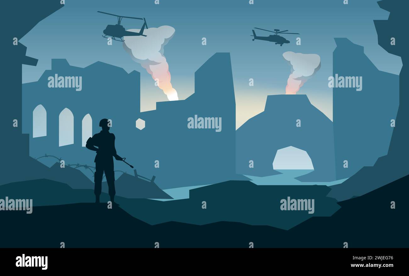 Silhouette di soldato in piedi e tenere la pistola in città dopo la guerra, illustrazione vettoriale Illustrazione Vettoriale