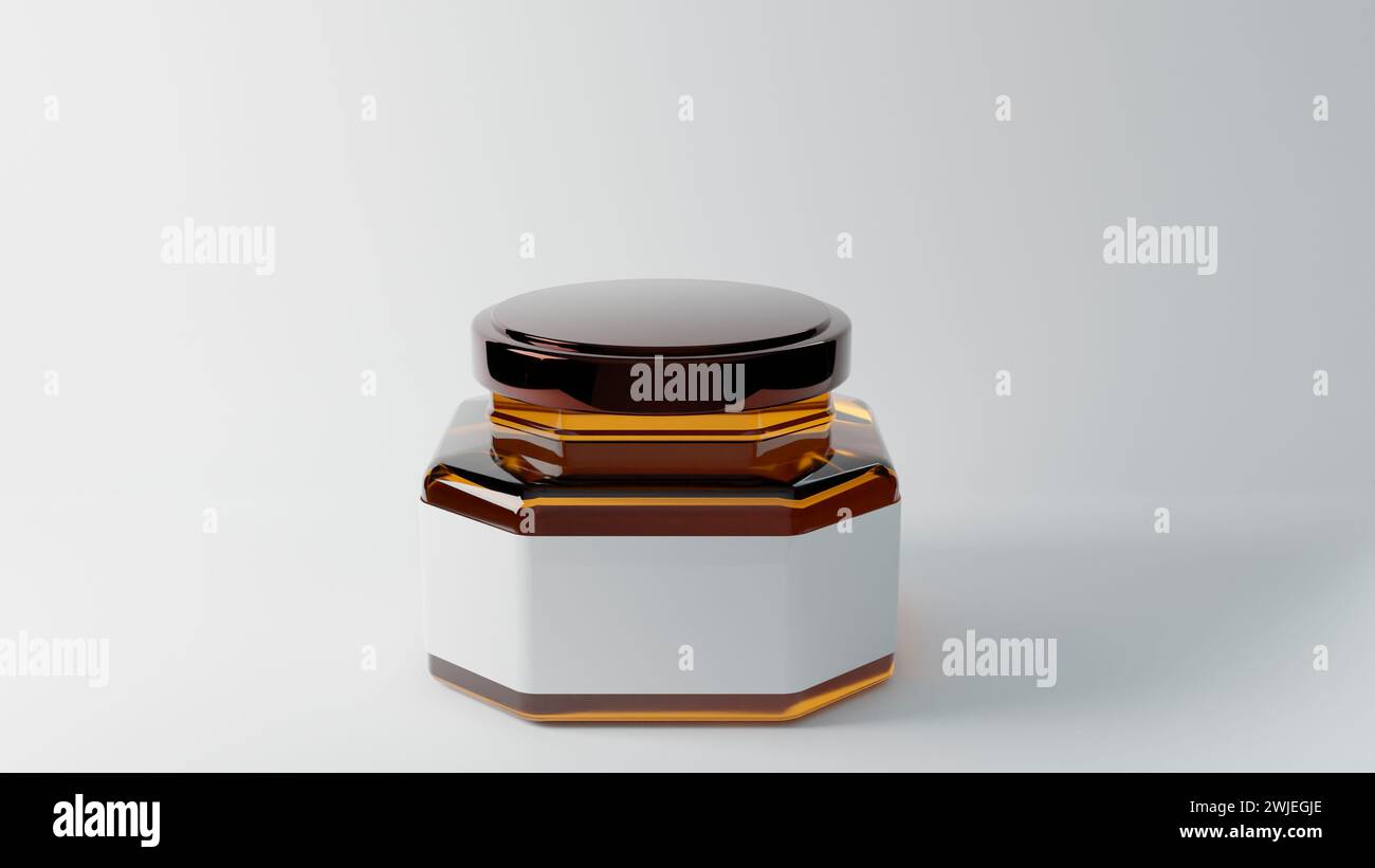 4 etichette da 135 ml di barattoli di miele nella piastra anteriore su sfondo bianco, pronta per il rendering 3d del marchio Foto Stock
