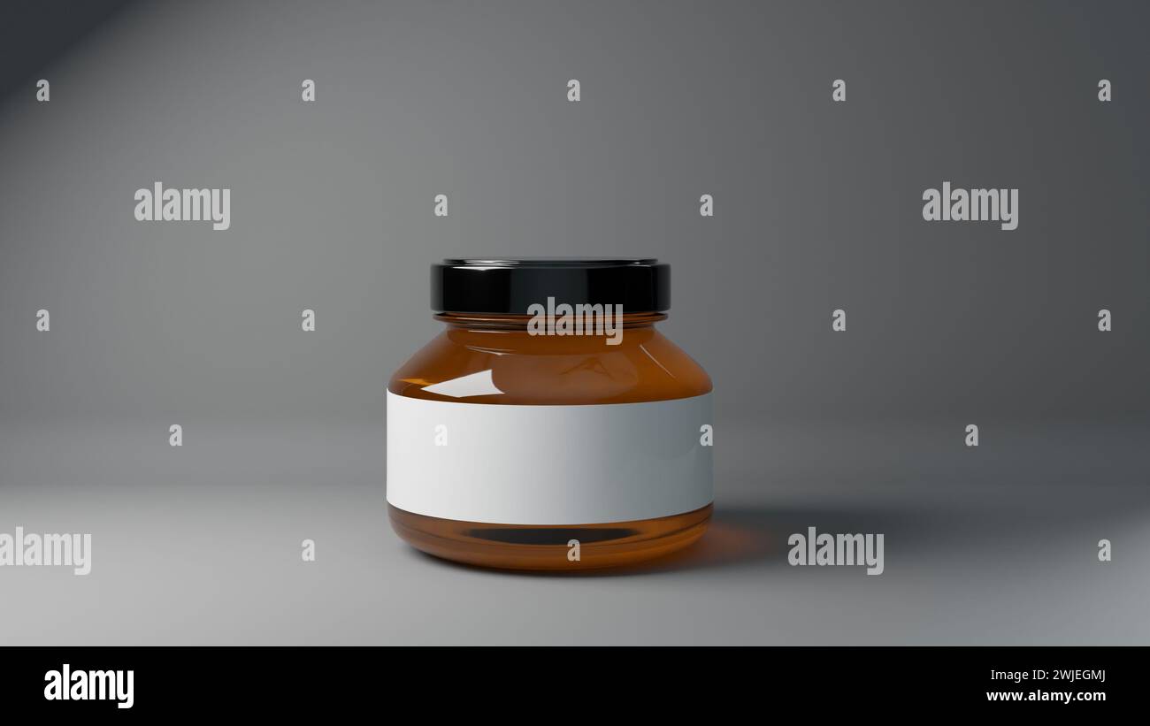 giare di miele da 250 ml con rettangolo nero ed etichetta di carta esagonale nella piastra anteriore su sfondo bianco pieno mockup collection pronta per il branding 3d rende Foto Stock