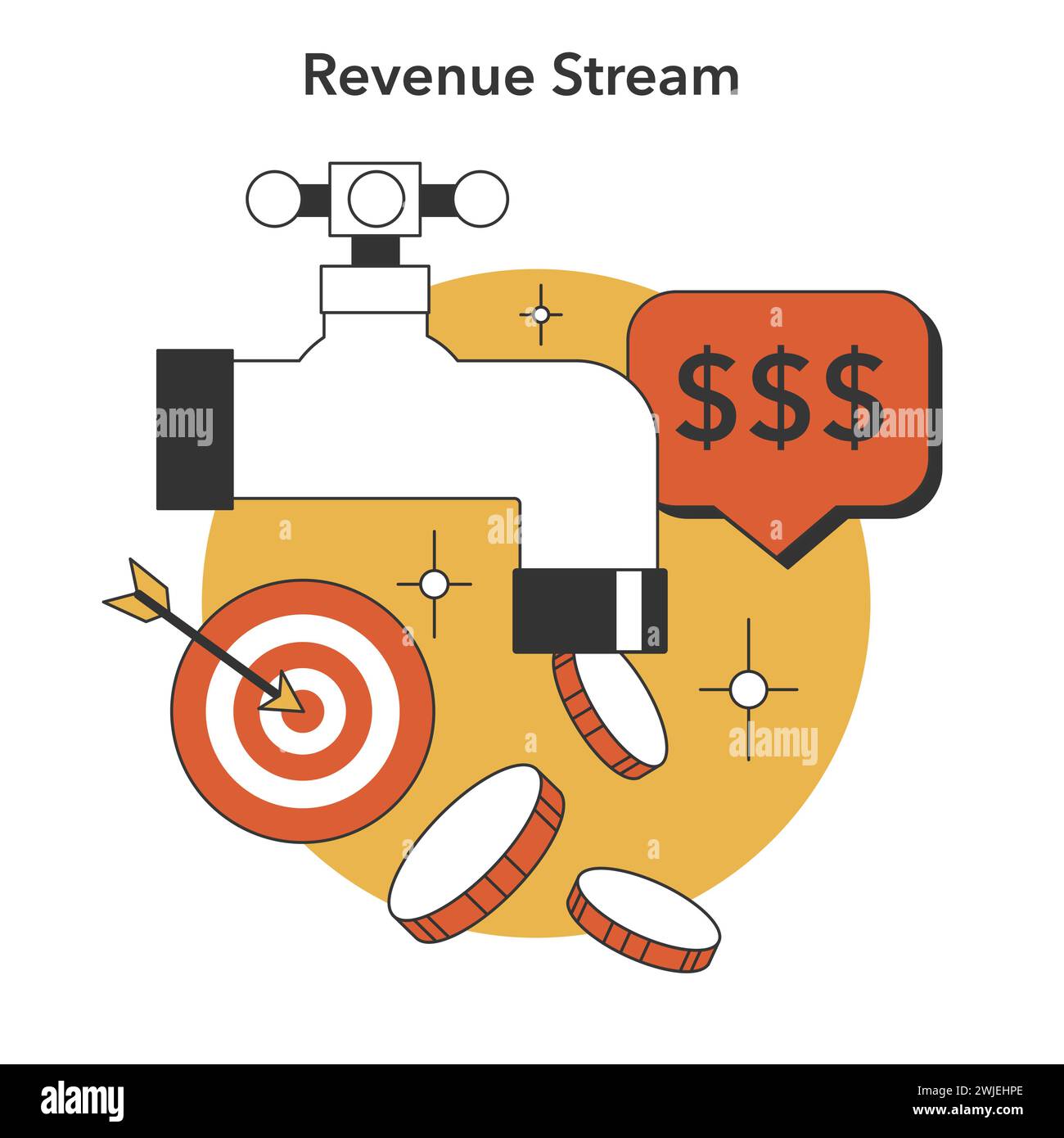 Concetto di obiettivi finanziari. Sfruttate le monete e un corriere con obiettivi finanziari, che rappresentano flussi di entrate e strategie di monetizzazione per la crescita aziendale. Ottimizzazione dei guadagni. vettore. Illustrazione Vettoriale