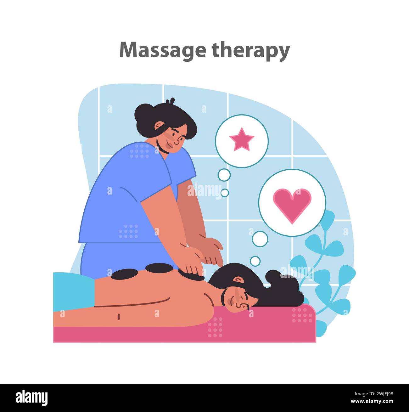 Sessione di massaggio rivitalizzante. Benessere olistico e relax. Massaggiatrice specializzata per il massimo comfort e cura. Illustrazione vettoriale piatta. Illustrazione Vettoriale