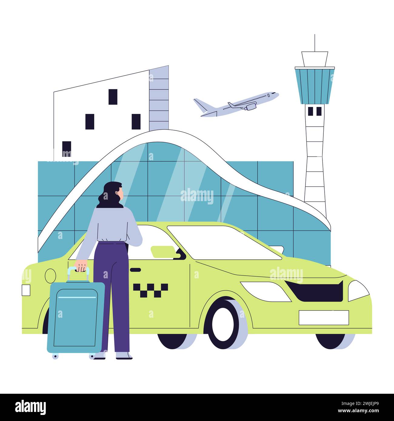 Gente all'aeroporto. Servizio taxi per l'aeroporto. Passeggeri che arrivano in taxi al terminal dell'aeroporto, con un aereo in decollo. Viaggi e turismo. Illustrazione vettoriale piatta Illustrazione Vettoriale