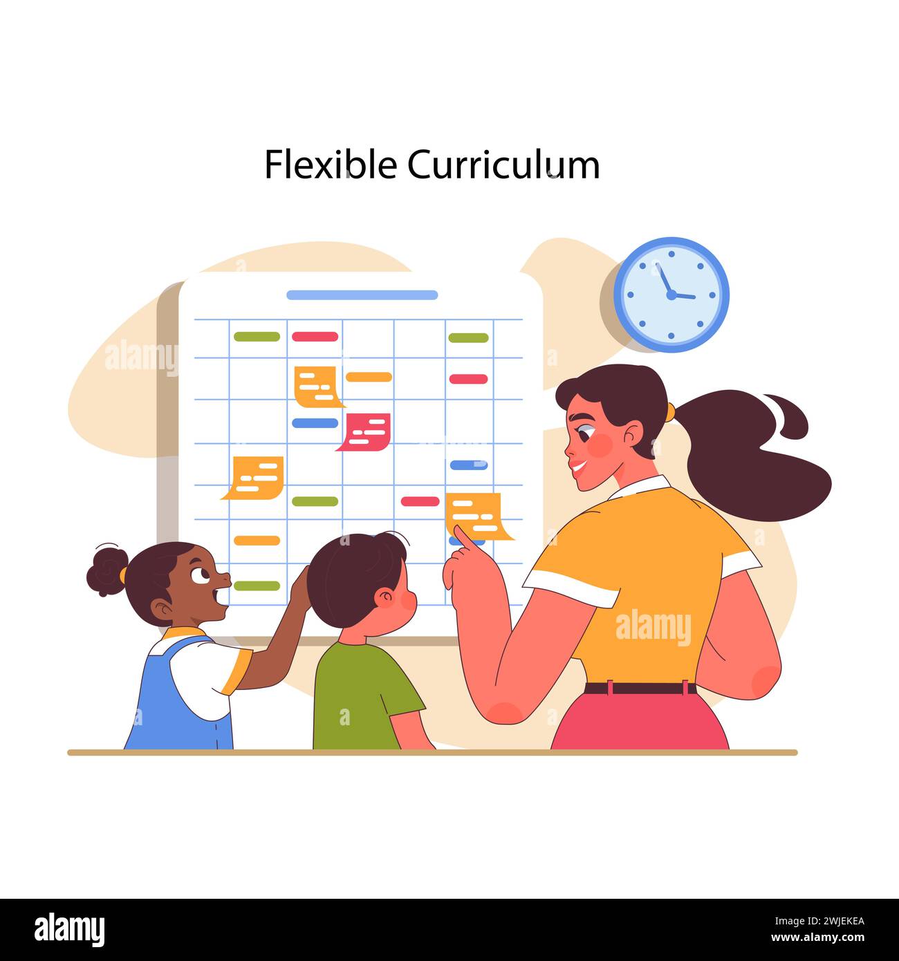 Concetto di stress educativo. Insegnanti e studenti interagiscono con un programma di studi flessibile. Strategie educative adattabili e apprendimento personalizzato. Comodo studiare. Illustrazione vettoriale piatta Illustrazione Vettoriale