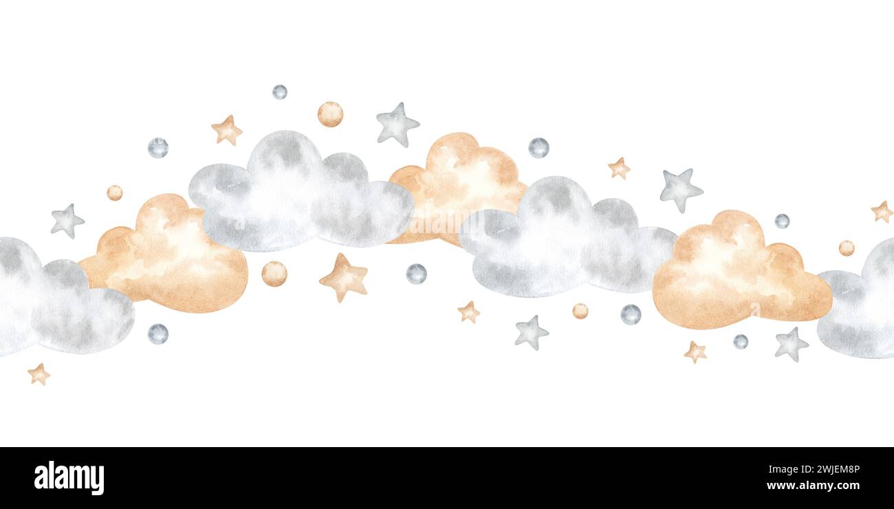 Illustrazione della cornice ad acquerello con bordo senza giunture nuvola. Schema cielo e stelle per la stanza del bambino. Modello disegnato a mano su sfondo isolato. Ninnananna e nuri Foto Stock