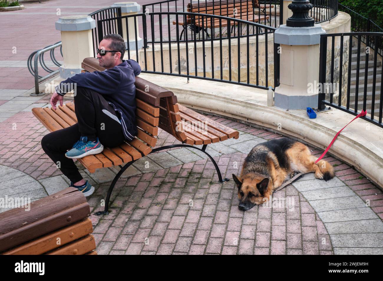 Un uomo e il suo cane si rilassano sul lungomare di Sliema, Malta Foto Stock