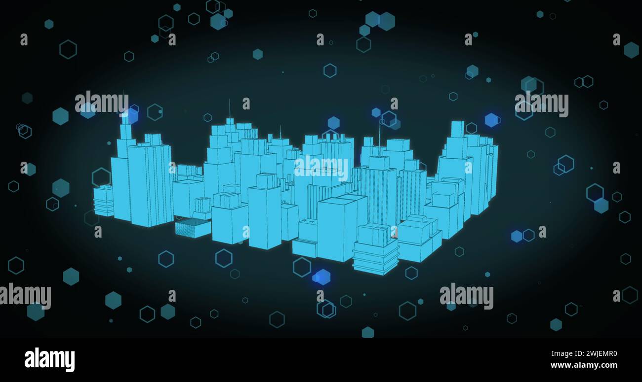 Immagine di forme su città digitale su sfondo nero Foto Stock