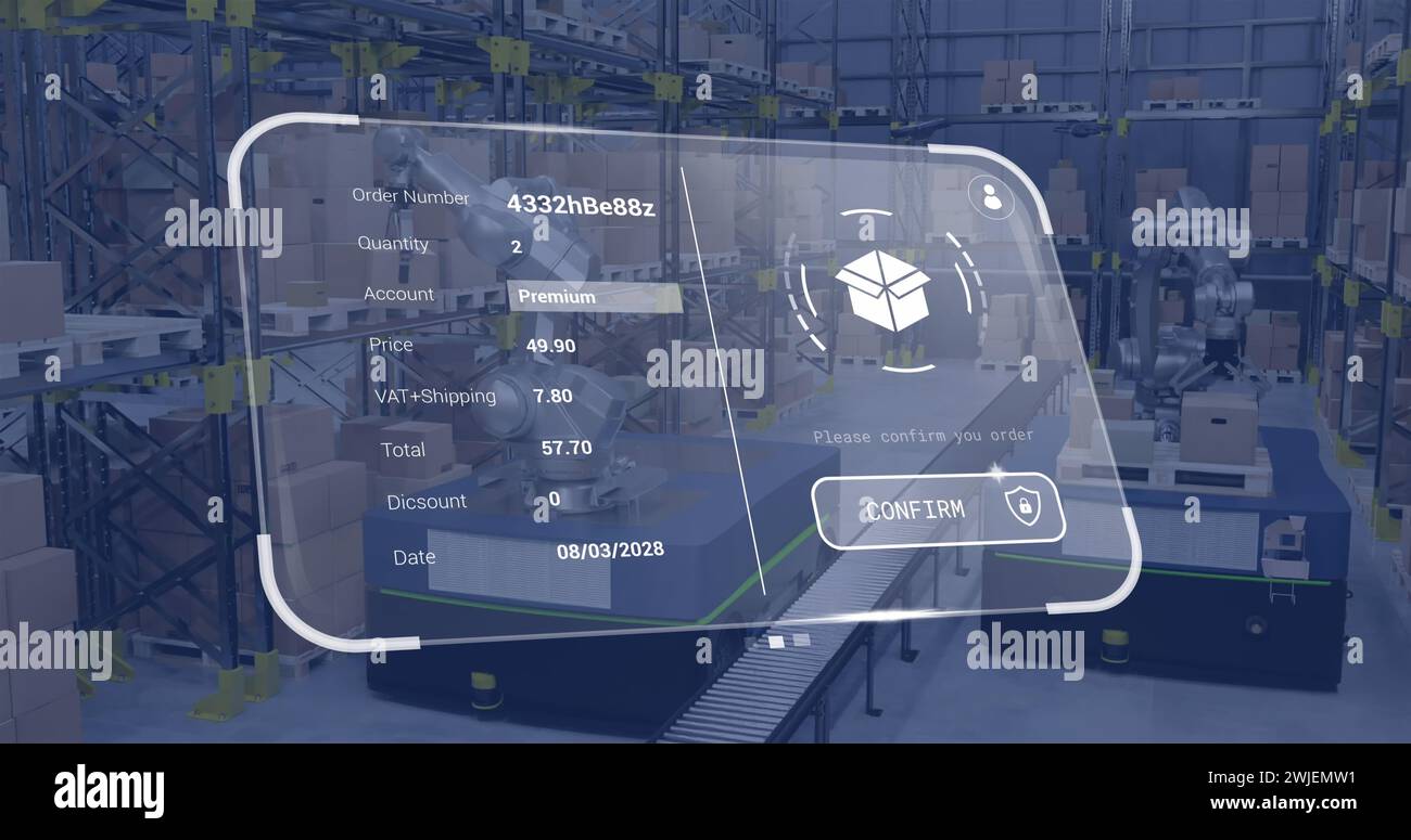 Immagine dell'interfaccia digitale con icone ed elaborazione dei dati su diversi lavoratori in magazzino Foto Stock
