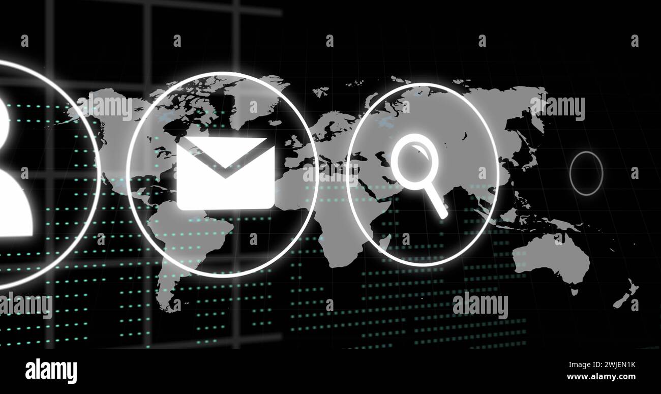 Immagine di icone, connessioni ed elaborazione dati sulla mappa mondiale Foto Stock