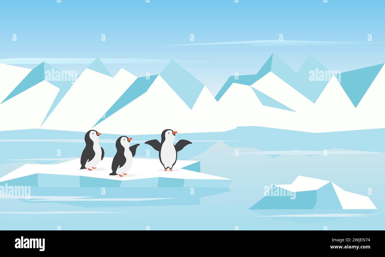 Paesaggio artico con pinguini, iceberg e neve. Illustrazione vettoriale. Illustrazione Vettoriale