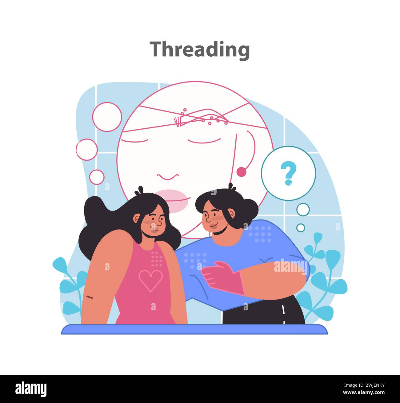 Vetrina tecnica di threading. Sagomatura delle sopracciglia con precisione, migliorando le caratteristiche del viso. Illustrazione vettoriale piatta. Illustrazione Vettoriale