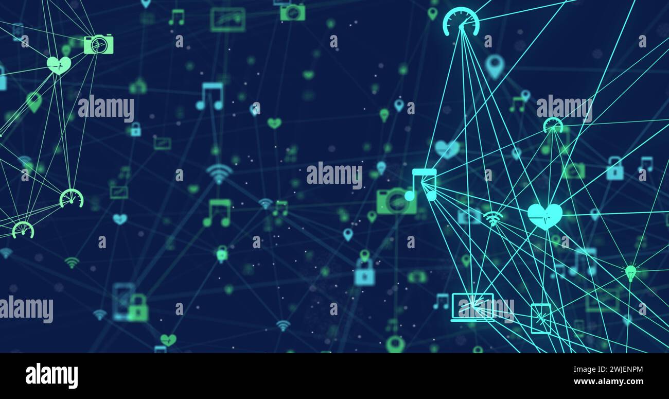 Una rete digitale di icone che rappresentano connettività e scambio di dati Foto Stock