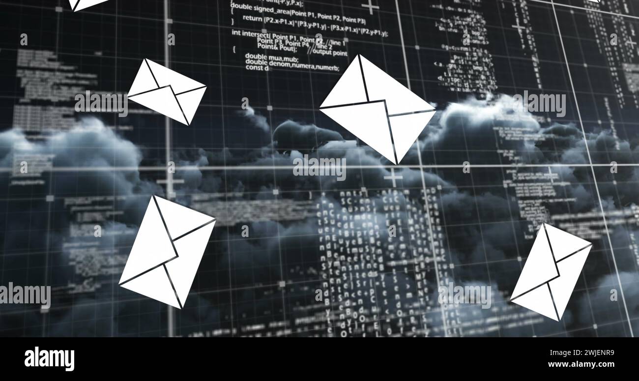 Gli aerei di carta volano sullo sfondo di flussi di dati digitali Foto Stock