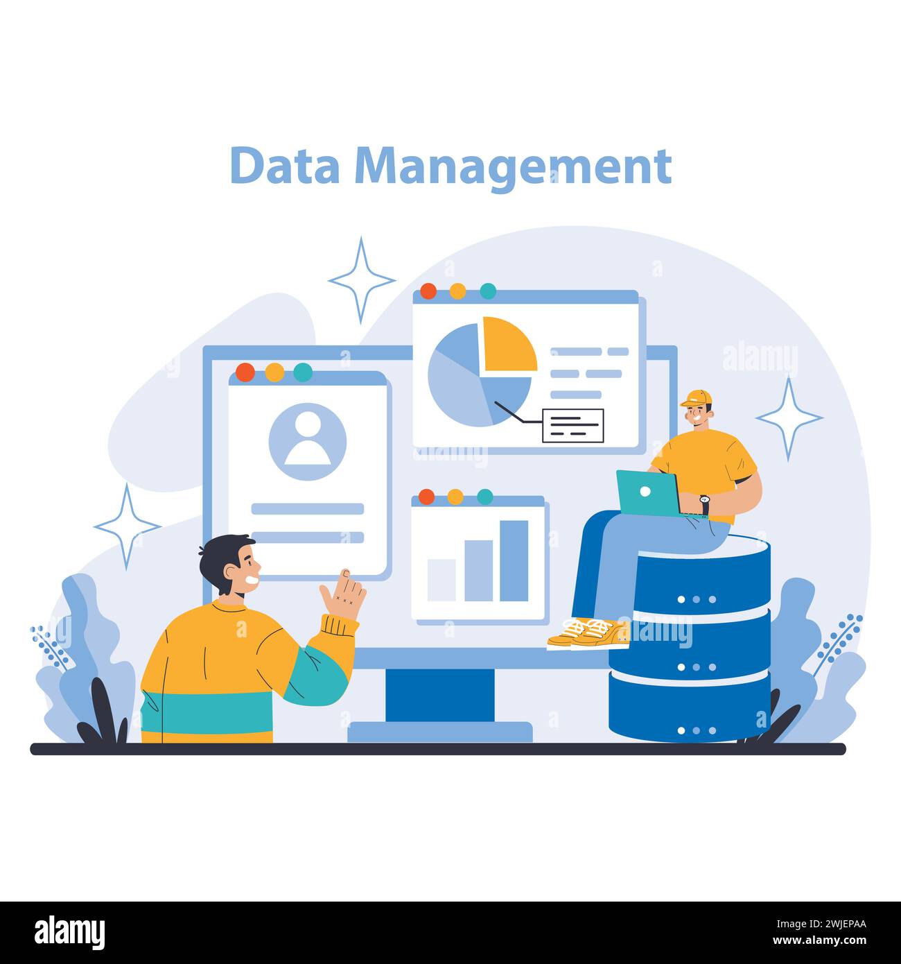 Concetto di gestione dei dati. Organizzazione e analisi efficienti delle informazioni digitali. Sistemi di database e soluzioni di storage sicuri. Illustrazione vettoriale piatta. Illustrazione Vettoriale