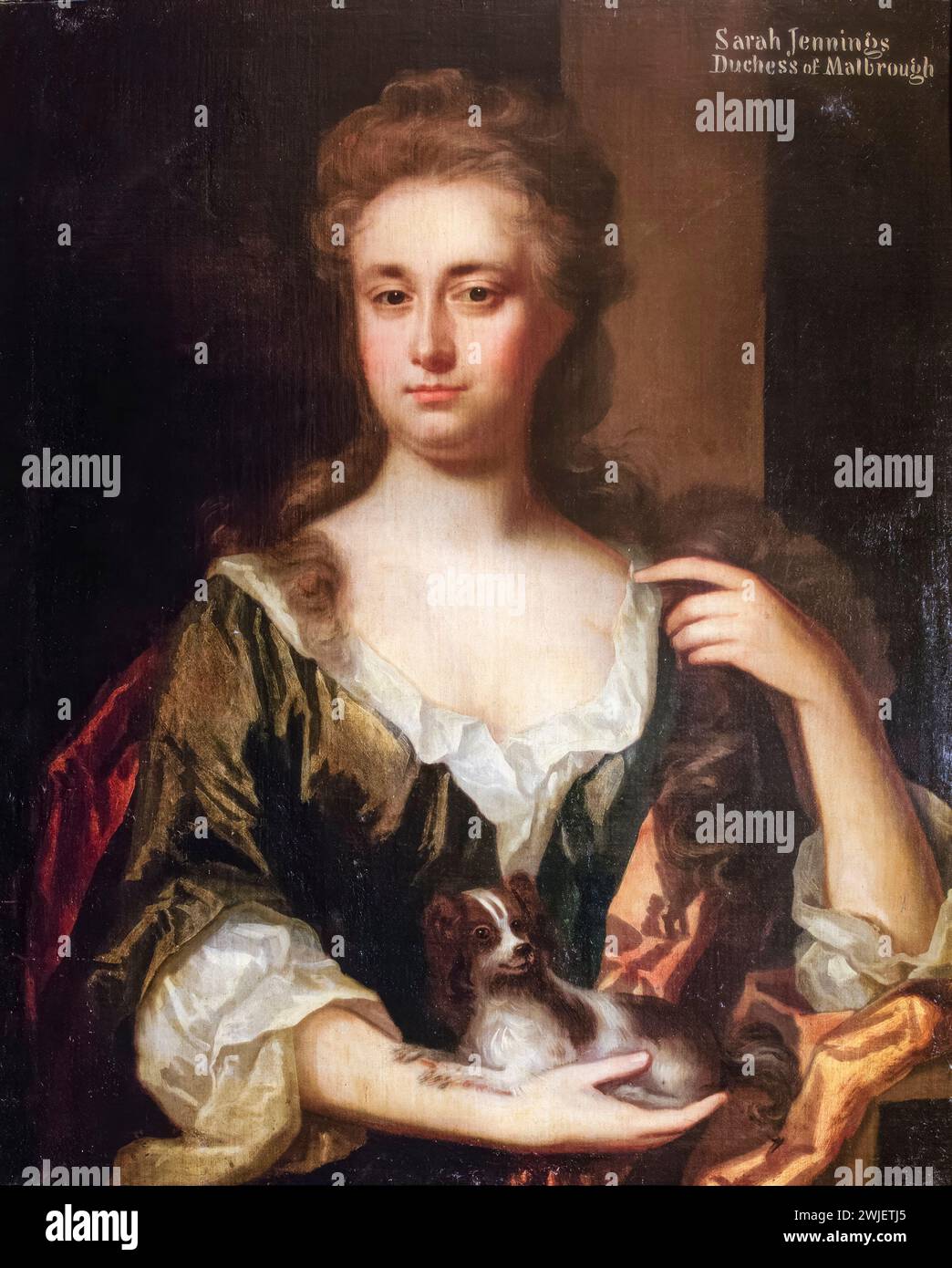 Sarah Churchill, (neé Jennings, 1660-1744), duchessa di Marlborough, con un cane piccolo, ritratto a olio su tela di Circle of John Closterman, 1680-1711 Foto Stock