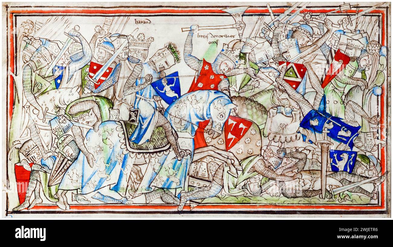 La battaglia di Stamford Bridge (25 settembre 1066) combatté tra un esercito inglese al comando di re Harold Godwinson (circa 1022-1066) e una forza d'invasione norvegese guidata da re Harald Hardrada (circa 1015-1066) e il fratello del re inglese Tostig Godwinson (circa 1029-1066), manoscritto miniato dipinto, 1250-1259 Foto Stock