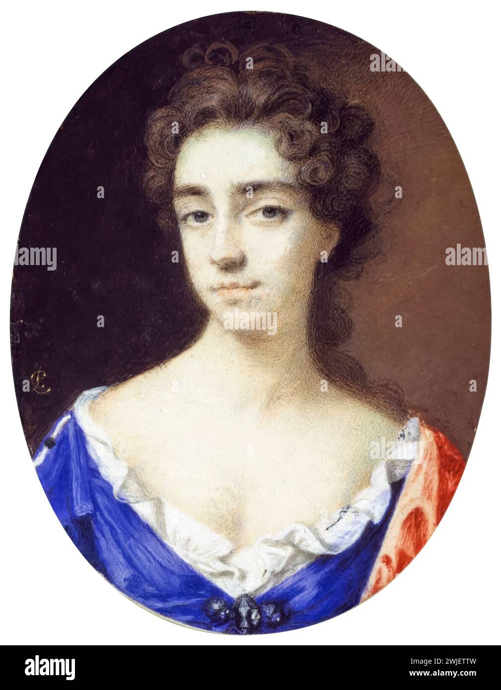 Catherine Sedley (1657-1717), Contessa di Dorchester, cortigiana inglese e amante del re Giacomo II d'Inghilterra, ritratto in miniatura acquerello dipinto su pergamena di Peter Cross, 1685-1690 Foto Stock